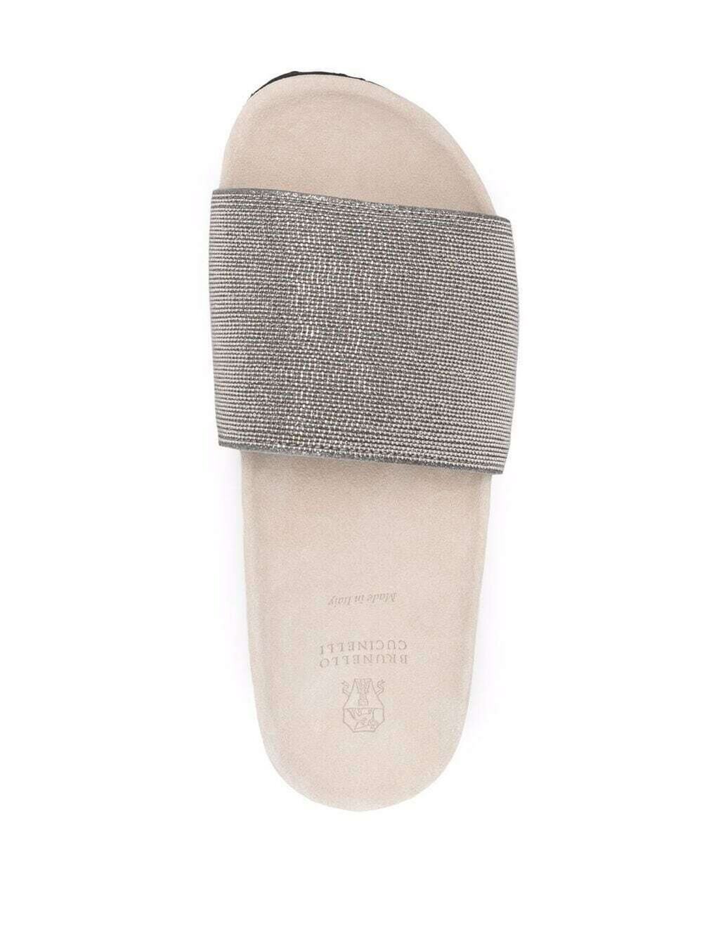 Brunello Cucinelli Anatomical Suede Embellished Slides Sandals Silver Tan EU 40
